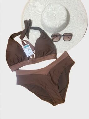 Women's Brown Halter Bikini Set - Classic Two-Piece Swim